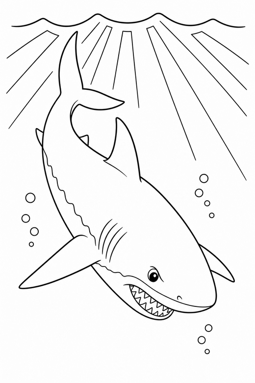 Great white shark diving down in open water: A great white shark diving downward in open water with light rays from above, free printable coloring page