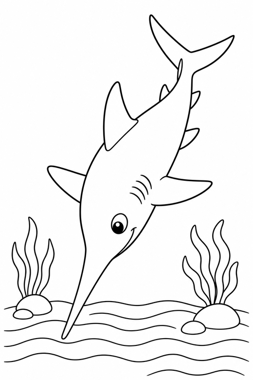 Long-nosed shark diving down over the sand: A shark with a long pointed snout diving downward just above a rippled sandy seabed, free printable coloring page