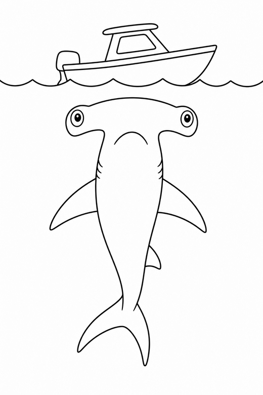 Hammerhead shark rising under a boat: A hammerhead shark rising toward the surface beneath the outline of a small boat, free printable coloring page