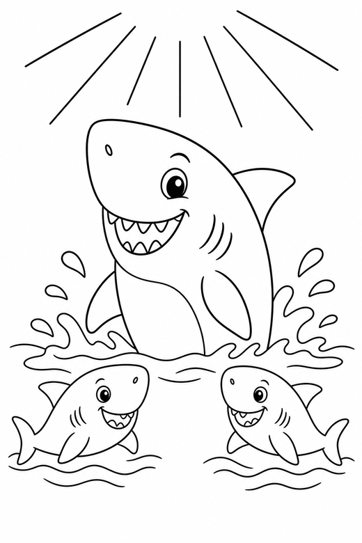 Shark family poking out in open water: A large shark with two small ones following poking its head out of the water in open water with light rays from above, free printable coloring page
