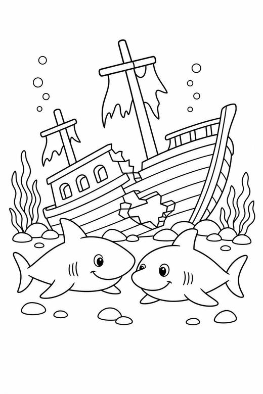 Two sharks resting by a shipwreck: Two sharks swimming together resting still beside a sunken wooden ship, free printable coloring page