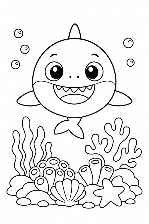Baby shark seen head on over a reef: A small round baby shark seen from the front, facing you above a coral reef, free printable coloring page