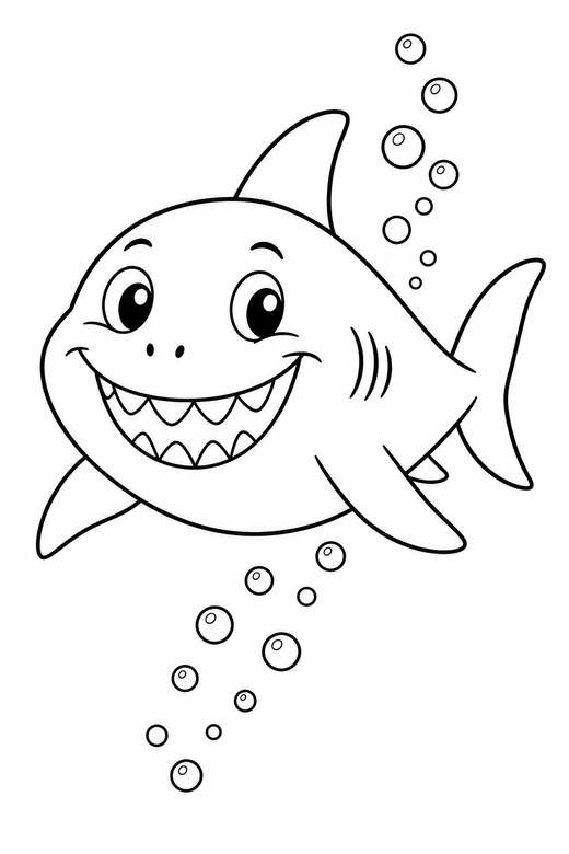 Smiling cartoon shark swimming with bubbles: A friendly cartoon shark with a wide smile swimming forward with a trail of bubbles behind it, free printable coloring page