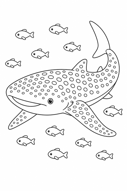 Whale shark gliding with small fish: A whale shark with spotted skin gliding with fins spread with a school of small fish around it, free printable coloring page