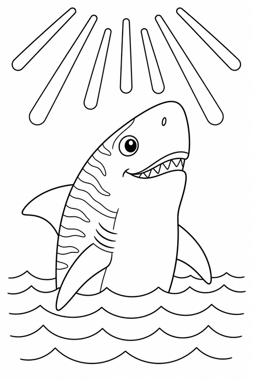 Tiger shark poking out in open water: A tiger shark with striped markings poking its head out of the water in open water with light rays from above, free printable coloring page