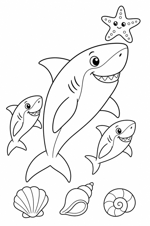 Shark family rising by a starfish: A large shark with two small ones following rising toward the surface near a starfish and a few shells, free printable coloring page