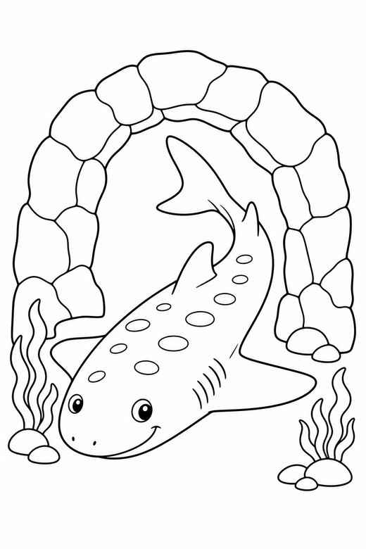 Flat-bodied shark turning near a rock arch: A flat, wide-bodied shark turning in a curve passing under an arch of rock, free printable coloring page