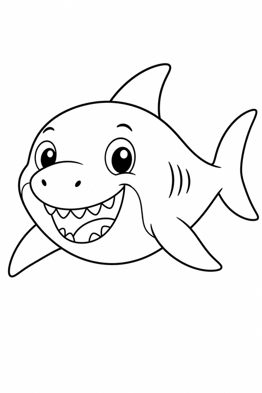 Smiling cartoon shark swimming in open water: A friendly cartoon shark with a wide smile swimming forward in open water with light rays from above, free printable coloring page