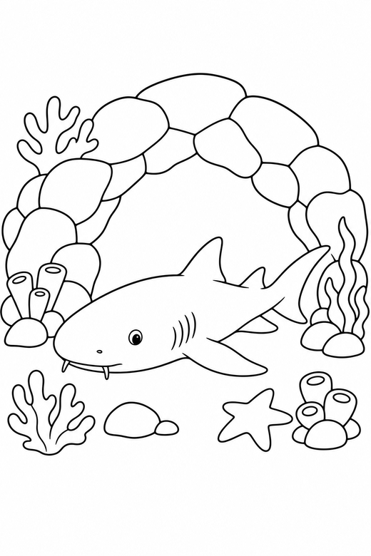 Nurse shark near a rock arch: A nurse shark with a blunt rounded snout resting still passing under an arch of rock, free printable coloring page