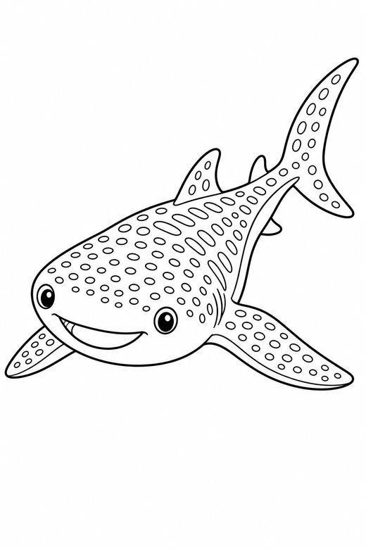 Whale shark gliding in open water: A whale shark with spotted skin gliding with fins spread in open water with light rays from above, free printable coloring page