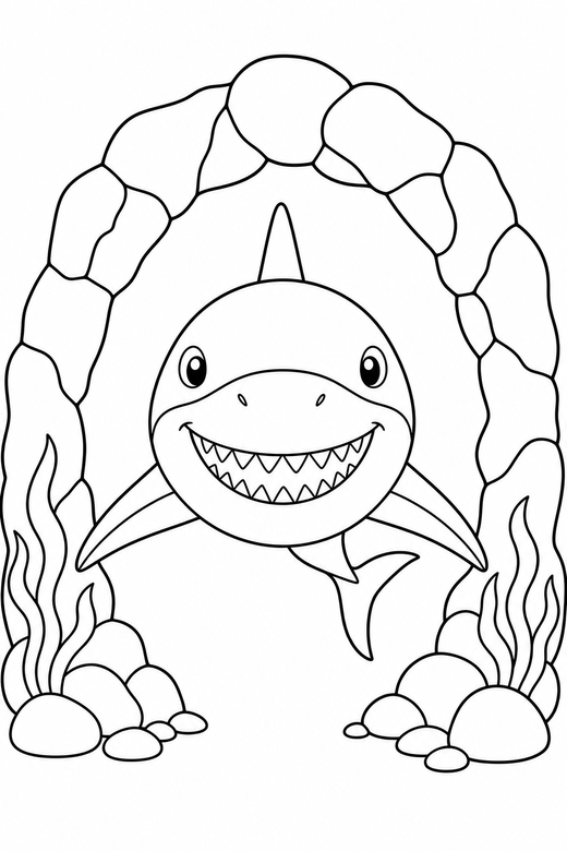 Great white shark seen head on: A great white shark seen from the front, facing you passing under an arch of rock, free printable coloring page