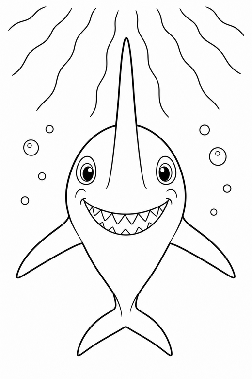Long-nosed shark seen head on in open water: A shark with a long pointed snout seen from the front, facing you in open water with light rays from above, free printable coloring page