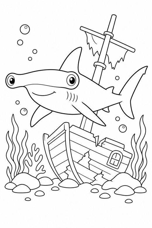 Hammerhead shark swimming by a shipwreck: A hammerhead shark swimming forward beside a sunken wooden ship, free printable coloring page