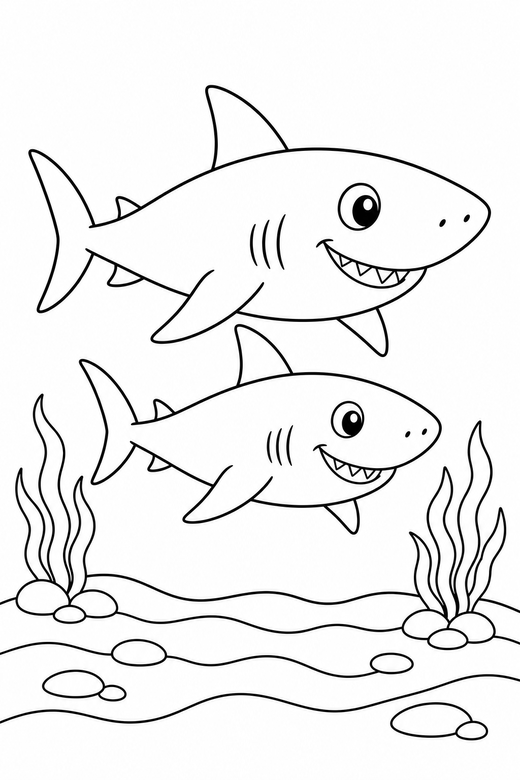 Two sharks swimming over the sand: Two sharks swimming together swimming forward just above a rippled sandy seabed, free printable coloring page
