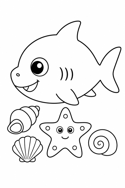 Baby shark side view by a starfish: A small round baby shark shown in side profile near a starfish and a few shells, free printable coloring page