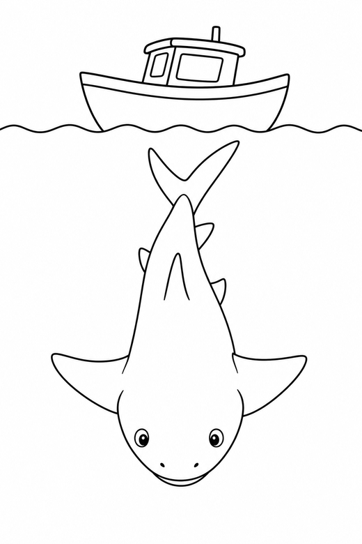 Flat-bodied shark diving down under a boat: A flat, wide-bodied shark diving downward beneath the outline of a small boat, free printable coloring page