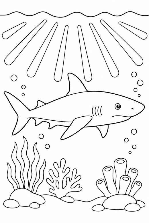 Reef shark resting in open water: A slim reef shark resting still in open water with light rays from above, free printable coloring page