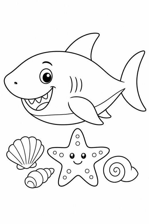 Smiling cartoon shark side view: A friendly cartoon shark with a wide smile shown in side profile near a starfish and a few shells, free printable coloring page