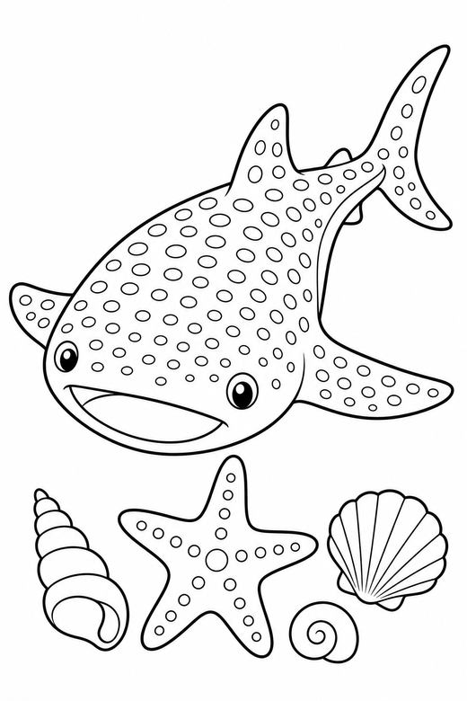 Whale shark gliding by a starfish: A whale shark with spotted skin gliding with fins spread near a starfish and a few shells, free printable coloring page