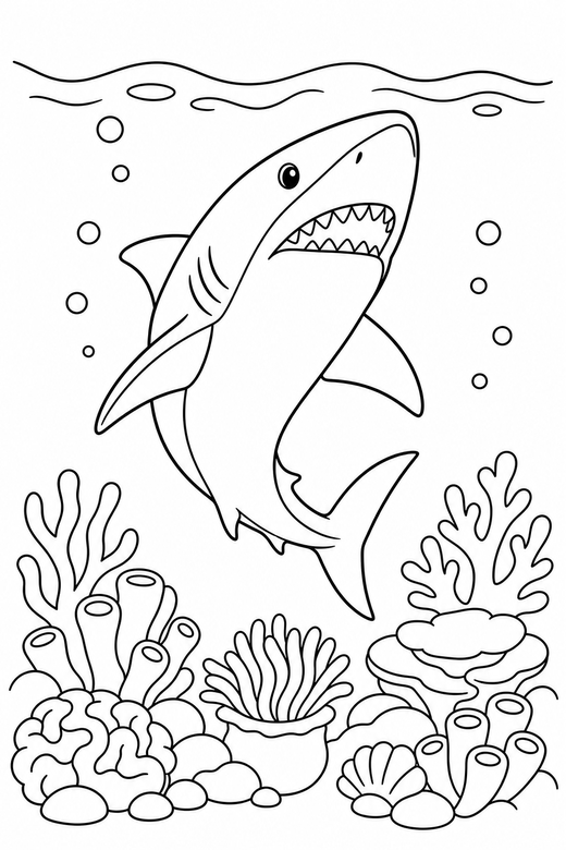 Great white shark rising over a reef: A great white shark rising toward the surface above a coral reef, free printable coloring page