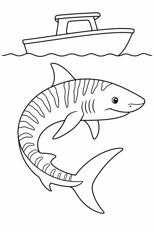 Tiger shark turning under a boat: A tiger shark with striped markings turning in a curve beneath the outline of a small boat, free printable coloring page