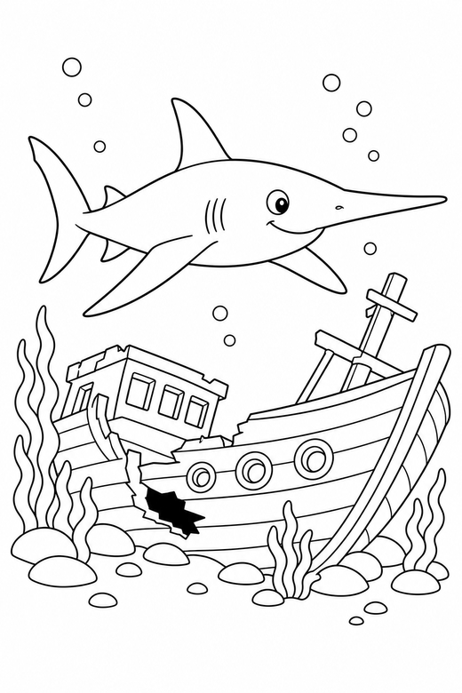 Long-nosed shark gliding by a shipwreck: A shark with a long pointed snout gliding with fins spread beside a sunken wooden ship, free printable coloring page