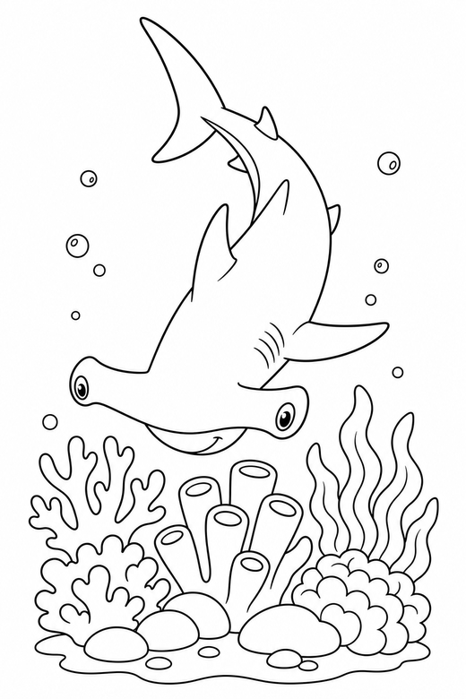 Hammerhead shark diving down over a reef: A hammerhead shark diving downward above a coral reef, free printable coloring page