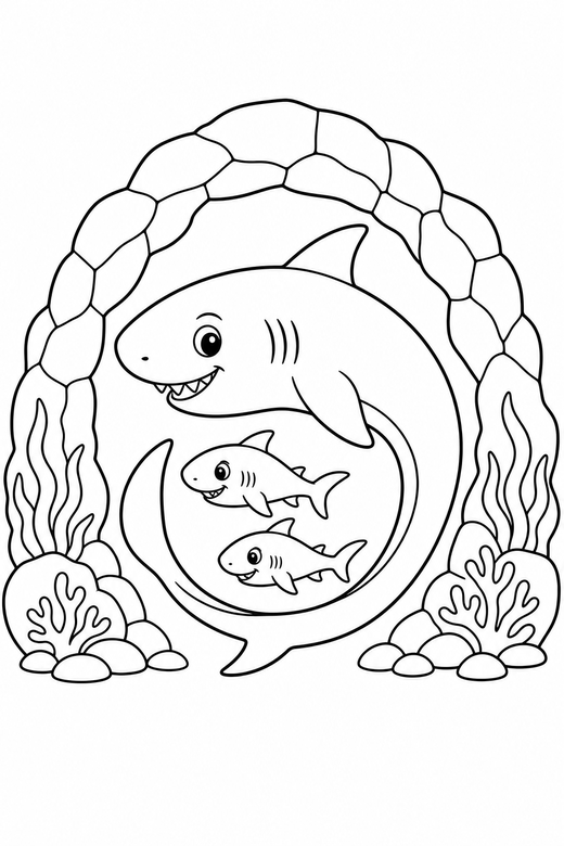 Shark family curled near a rock arch: A large shark with two small ones following curled with its tail toward its head passing under an arch of rock, free printable coloring page