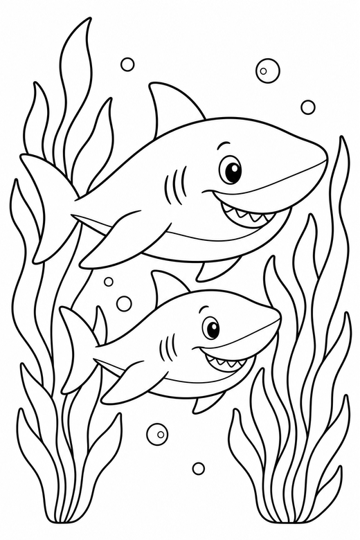 Two sharks swimming near seaweed: Two sharks swimming together swimming forward among tall strands of seaweed, free printable coloring page