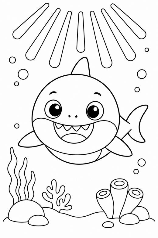 Baby shark swimming in open water: A small round baby shark swimming forward in open water with light rays from above, free printable coloring page