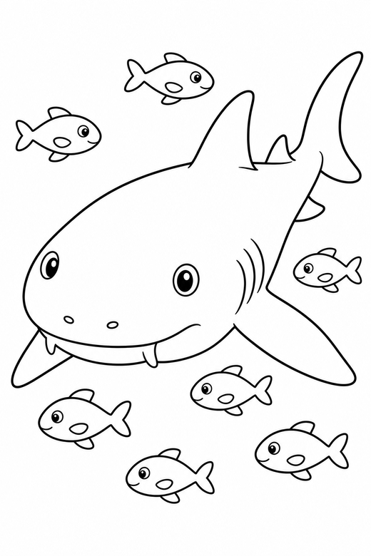 Nurse shark with small fish: A nurse shark with a blunt rounded snout drawn large and close up with a school of small fish around it, free printable coloring page
