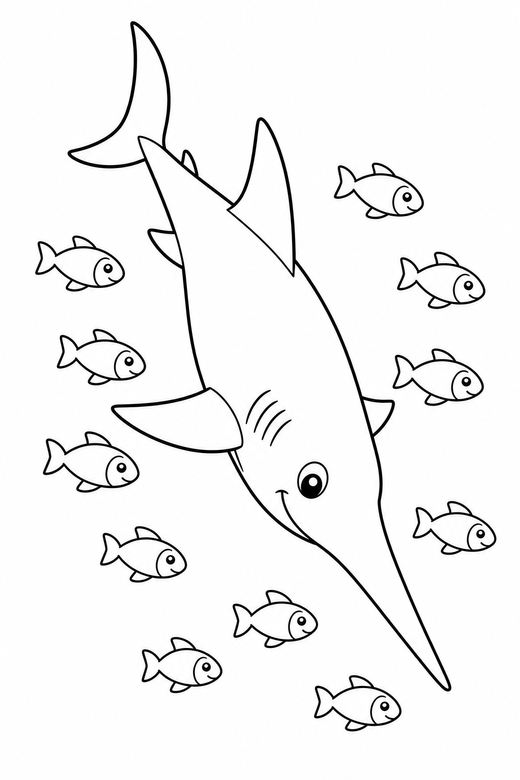 Long-nosed shark diving down with small fish: A shark with a long pointed snout diving downward with a school of small fish around it, free printable coloring page