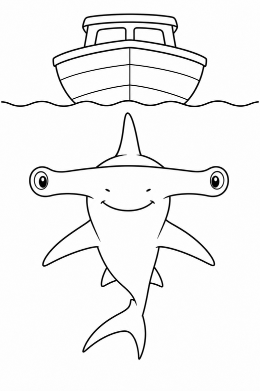 Hammerhead shark swimming under a boat: A hammerhead shark swimming forward beneath the outline of a small boat, free printable coloring page