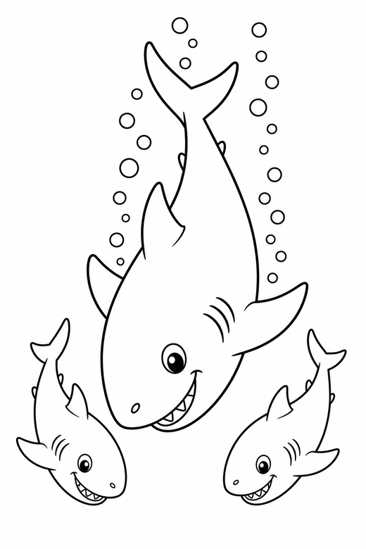 Shark family diving down with bubbles: A large shark with two small ones following diving downward with a trail of bubbles behind it, free printable coloring page