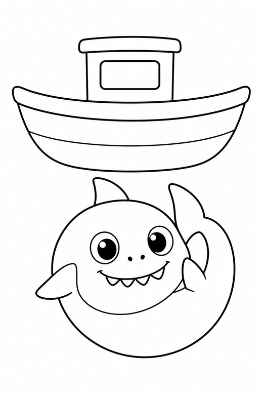 Baby shark curled under a boat: A small round baby shark curled with its tail toward its head beneath the outline of a small boat, free printable coloring page