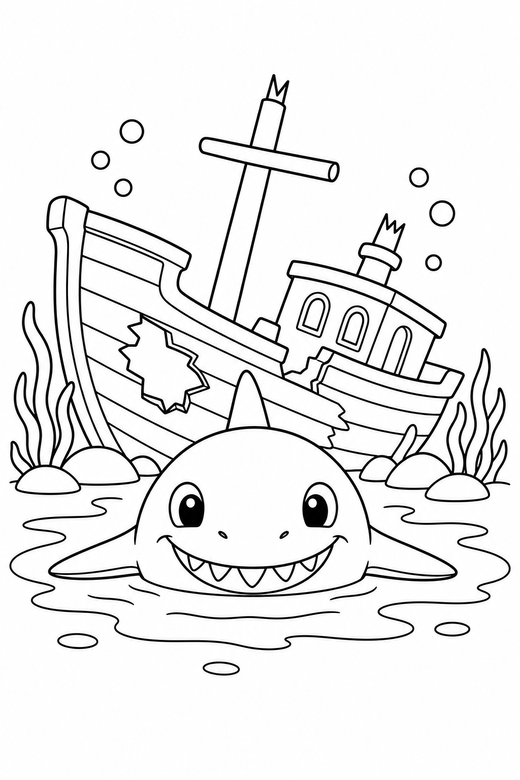 Flat-bodied shark poking out by a shipwreck: A flat, wide-bodied shark poking its head out of the water beside a sunken wooden ship, free printable coloring page