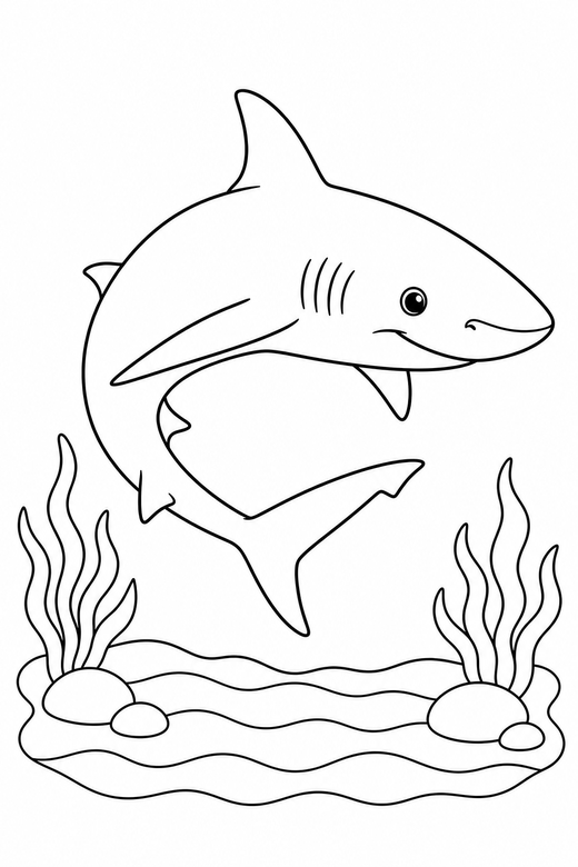 Reef shark turning over the sand: A slim reef shark turning in a curve just above a rippled sandy seabed, free printable coloring page