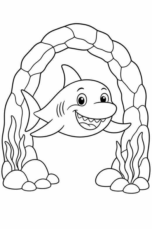Smiling cartoon shark gliding: A friendly cartoon shark with a wide smile gliding with fins spread passing under an arch of rock, free printable coloring page