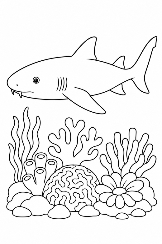 Nurse shark side view over a reef: A nurse shark with a blunt rounded snout shown in side profile above a coral reef, free printable coloring page