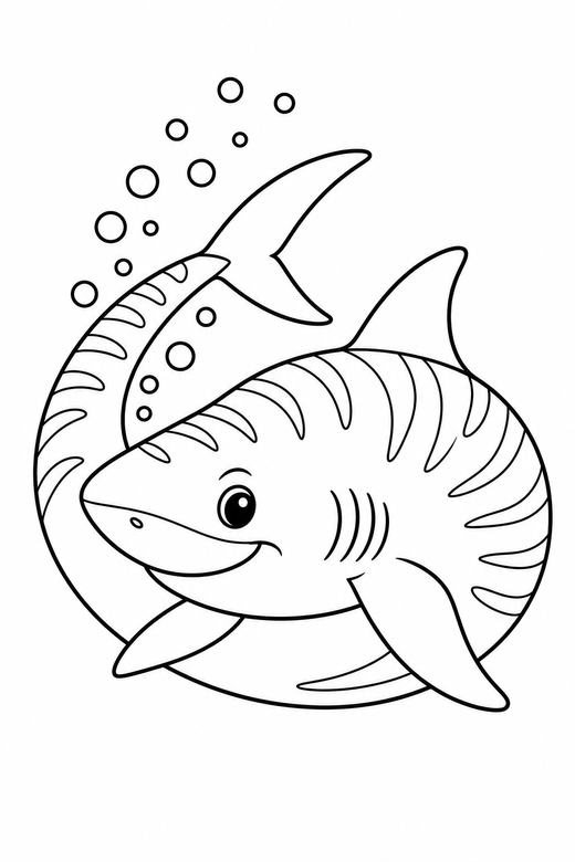 Tiger shark curled with bubbles: A tiger shark with striped markings curled with its tail toward its head with a trail of bubbles behind it, free printable coloring page