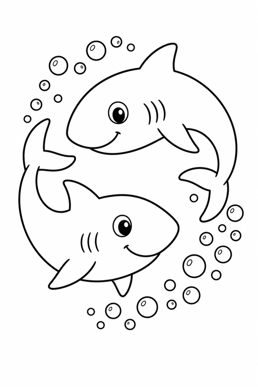 Two sharks curled with bubbles: Two sharks swimming together curled with their tail toward their head with a trail of bubbles behind them, free printable coloring page