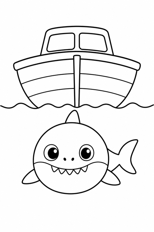 Baby shark resting under a boat: A small round baby shark resting still beneath the outline of a small boat, free printable coloring page