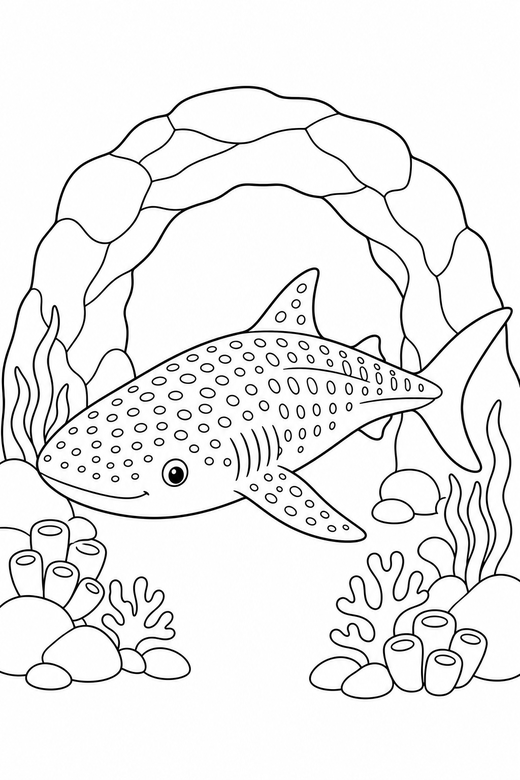 Whale shark resting near a rock arch: A whale shark with spotted skin resting still passing under an arch of rock, free printable coloring page