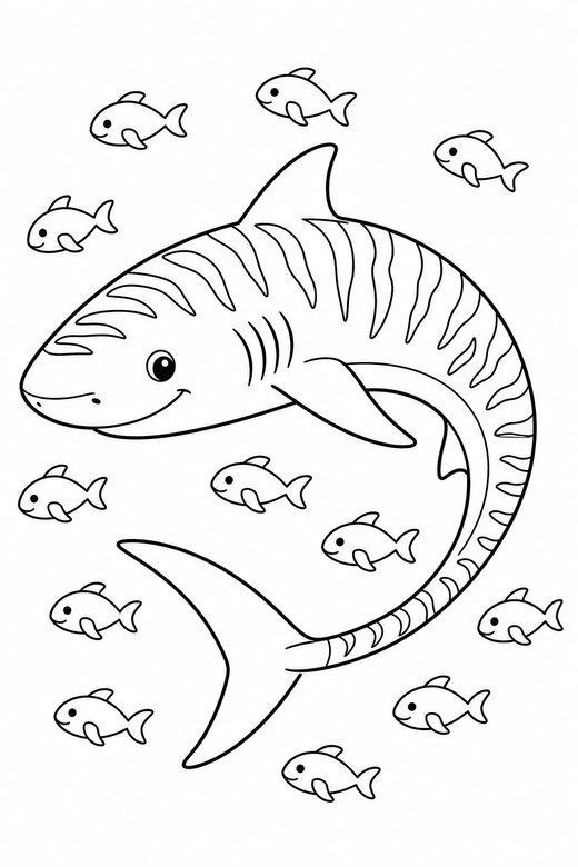 Tiger shark turning with small fish: A tiger shark with striped markings turning in a curve with a school of small fish around it, free printable coloring page