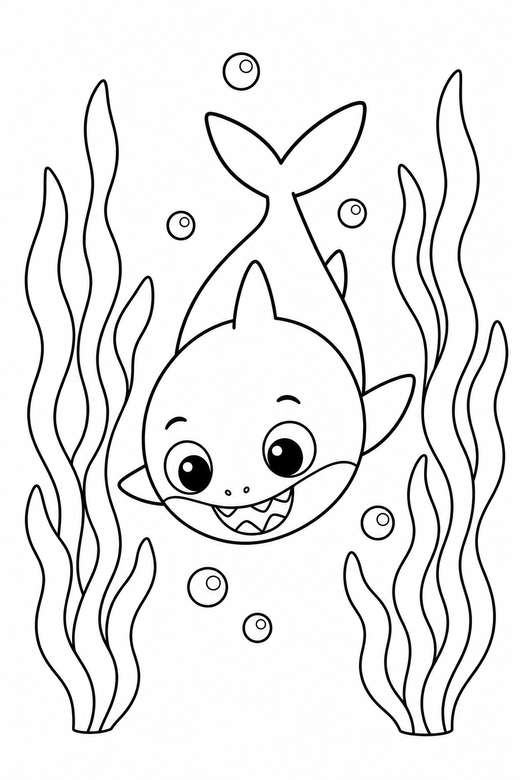 Baby shark diving down near seaweed: A small round baby shark diving downward among tall strands of seaweed, free printable coloring page