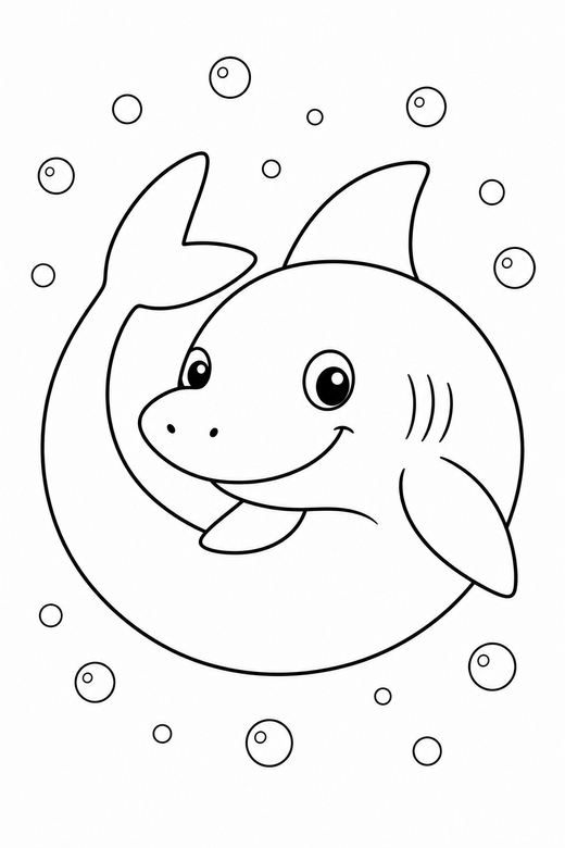 Flat-bodied shark curled in open water: A flat, wide-bodied shark curled with its tail toward its head in open water with light rays from above, free printable coloring page