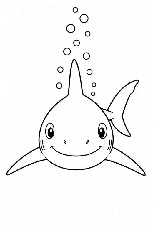 Reef shark seen head on with bubbles: A slim reef shark seen from the front, facing you with a trail of bubbles behind it, free printable coloring page