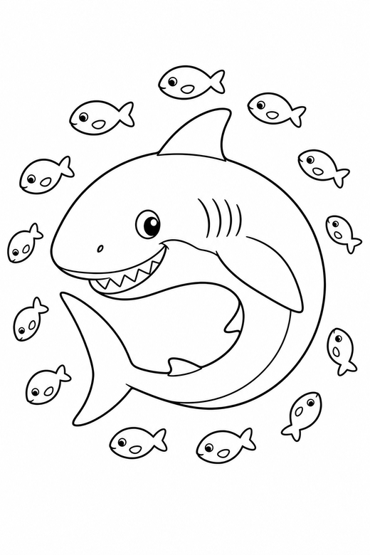 Great white shark curled with small fish: A great white shark curled with its tail toward its head with a school of small fish around it, free printable coloring page