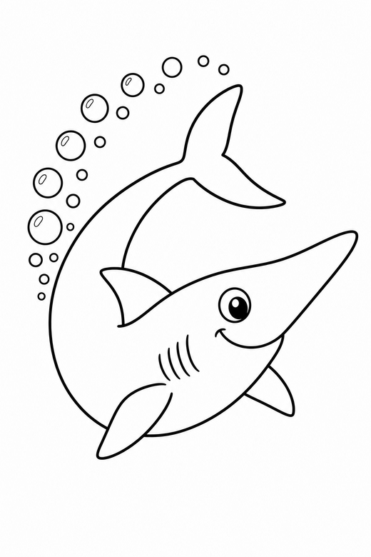 Long-nosed shark curled with bubbles: A shark with a long pointed snout curled with its tail toward its head with a trail of bubbles behind it, free printable coloring page