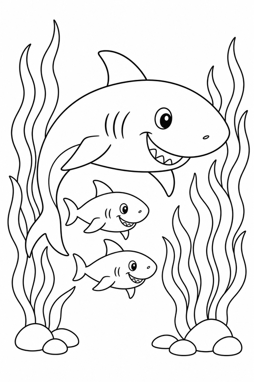 Shark family turning near seaweed: A large shark with two small ones following turning in a curve among tall strands of seaweed, free printable coloring page